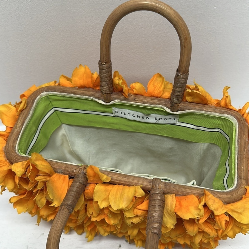 Gretchen Scott Floral Wicker Basket Bag Wooden Top Handles Purse Marigold Orange - Picture 7 of 9